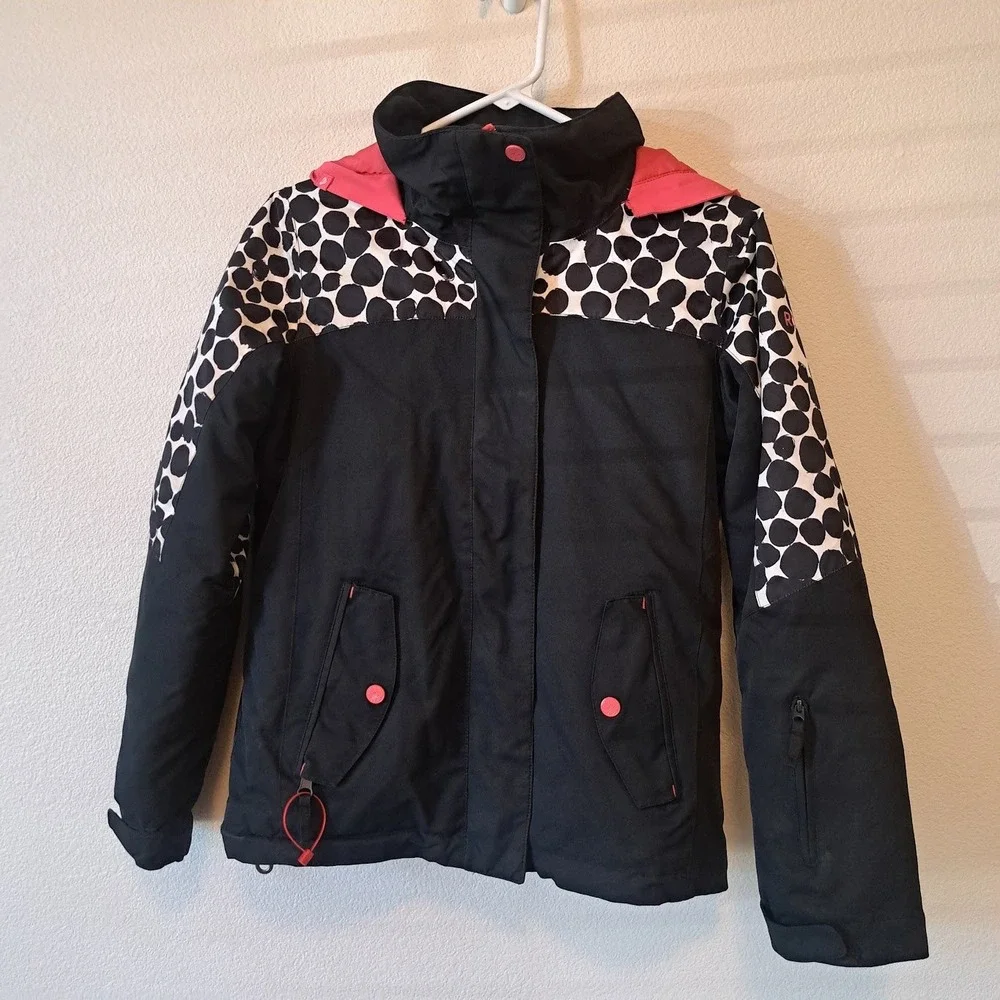 Roxy Girls Snow Jacket Black White Polka Dot Pink Hood Insulated Ski Coat